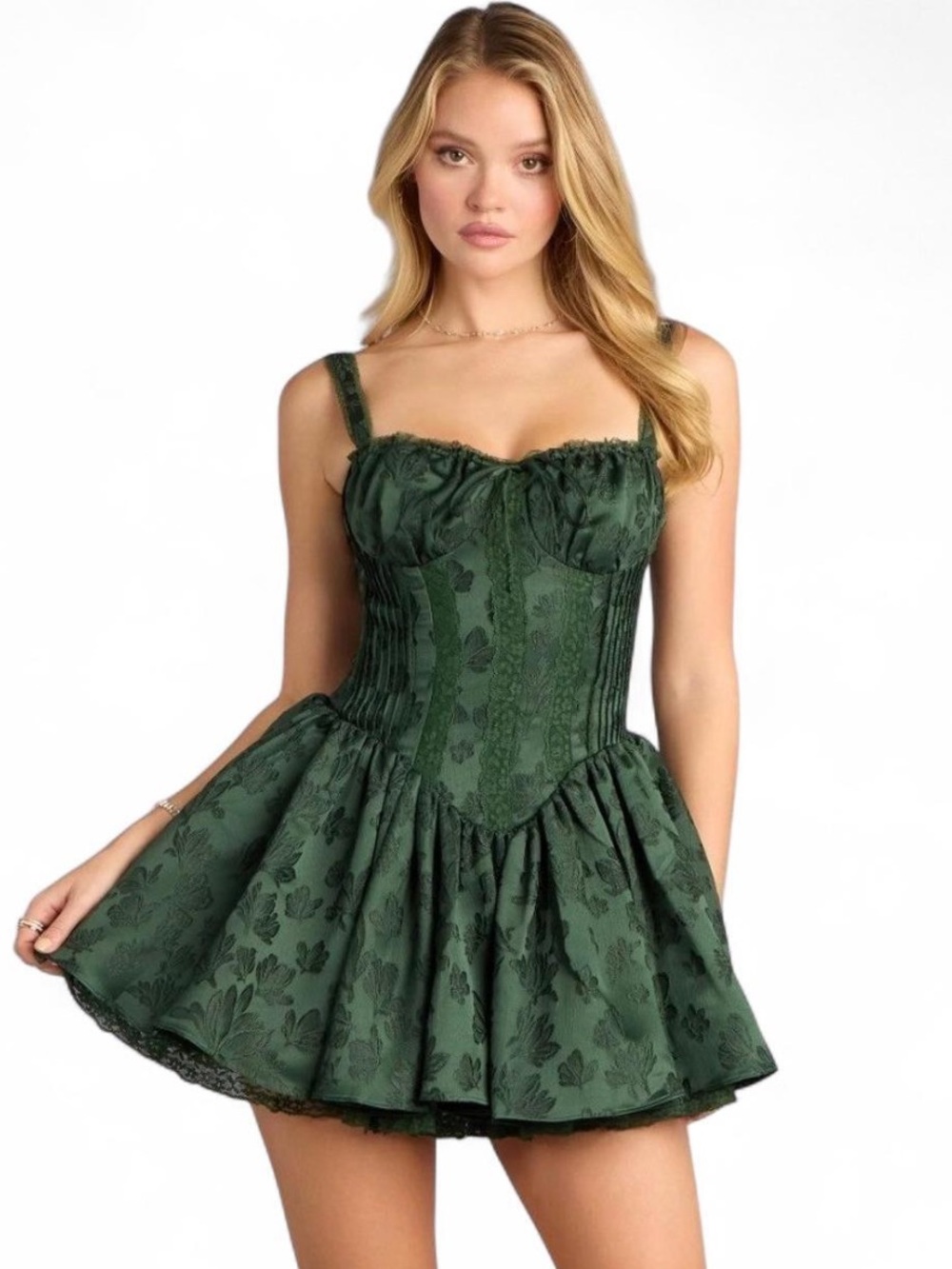 Windsor Hunter Green Floral Jacquard Corset Lace Up Back Skater Mini Dress XS